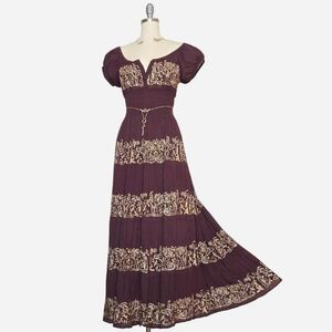 Metallic Detail Tiered Peasant Maxi Dress | Brown | Boston Proper | XS